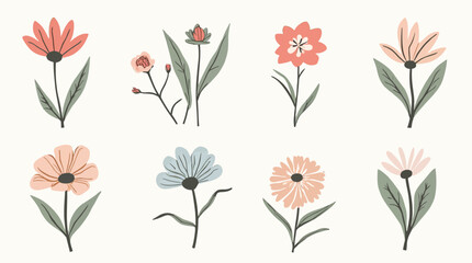 Stylized graphic designs featuring various blossoms in a whimsical and modern aesthetic