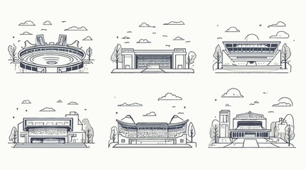 Minimalist line art vector illustrations of various modern architectural buildings and stadiums