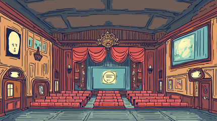 A charming vintage movie house interior with an illuminated screen and plush seating.