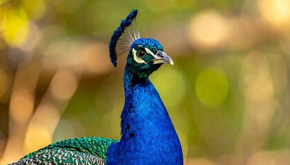 Obraz premium A majestic and elegant peacock captured in a vibrant close-up portrait, showcasing its detailed iridescent feathers and graceful crest.