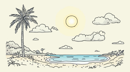 Hand-drawn tropical beach scene with palm tree, sun, clouds, and ocean