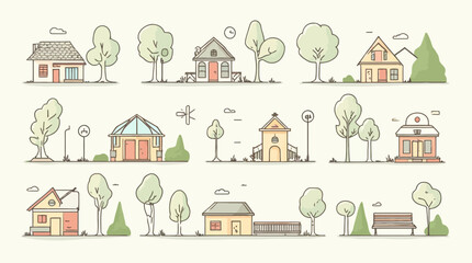 Colorful flat line art collection of diverse buildings and park elements.