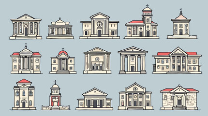 Hand-drawn collection of iconic architectural structures and historical buildings.