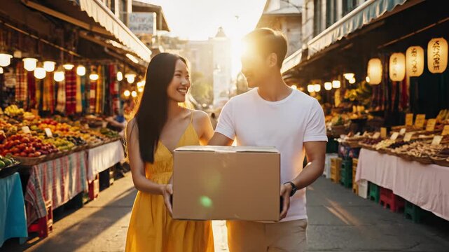 Happy Asian couple walking through a local street market with a delivery box. Young man and woman smiling and carrying a package together. Relationship and e-commerce concept