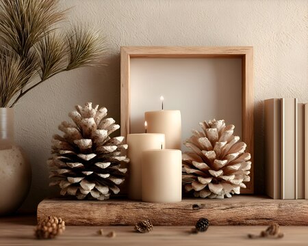 Cozy autumn decoration with glowing candles and pine cones on a wooden shelf adding a warm seasonal ambiance to the minimalist room decor.