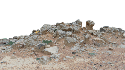 Broken pieces of cement and rocks on a pile of dirt. Isolated white background.