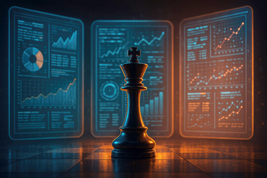 A black chess king piece stands in front of three glowing digital screens displaying financial charts and graphs