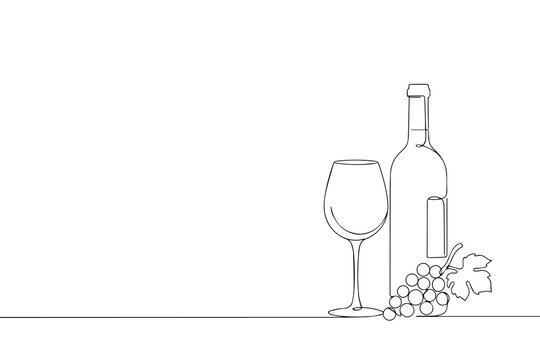 Wine glass, a bottle of wine and grapes. Still life. Sketch. Draw a continuous line.