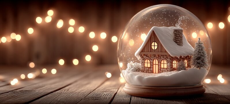 Transparent glass Christmas ornament on cozy table with snowy cottage and glowing windows inside globe, warm golden fairy lights and soft bokeh in background, top-down photorealistic scene with space