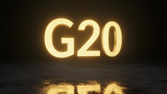 Glowing G20 sign on a dark reflective surface with a sleek, modern aesthetic.