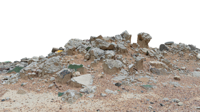 Broken pieces of cement and rocks on a pile of dirt. Isolated white background.