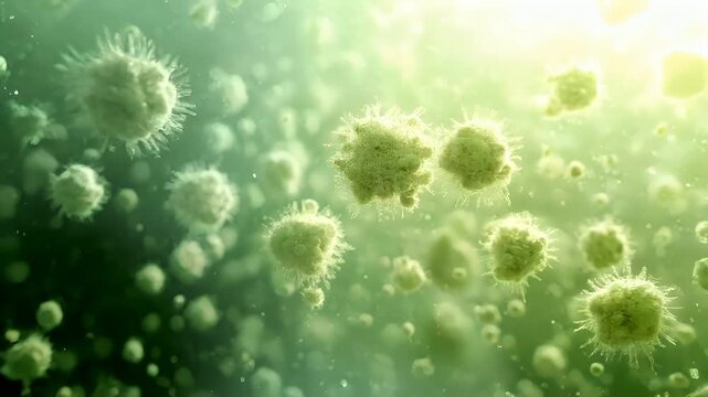 Spring pollen season. Allergy. A closeup of microscopic organisms, possibly microorganisms, with a shallow depth of field that blurs the background into a bokeh effect.