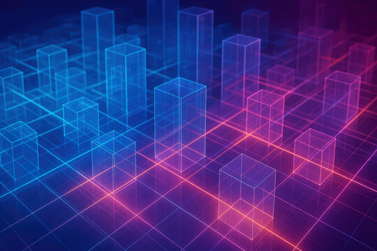 Abstract 3D digital cityscape with glowing neon blue and pink grid lines and geometric bars