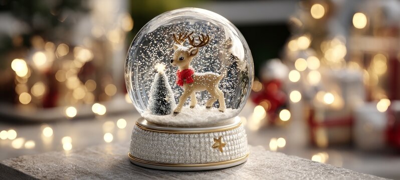 Transparent glass Christmas ornament on cozy table with reindeer in red scarf and tiny Christmas tree inside snowy globe, warm golden fairy lights and soft bokeh in background, festive atmosphere - Powered by Adobe