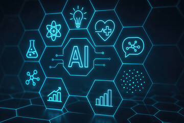 AI and science icons in a hexagonal network on a dark background artificial intelligence atom