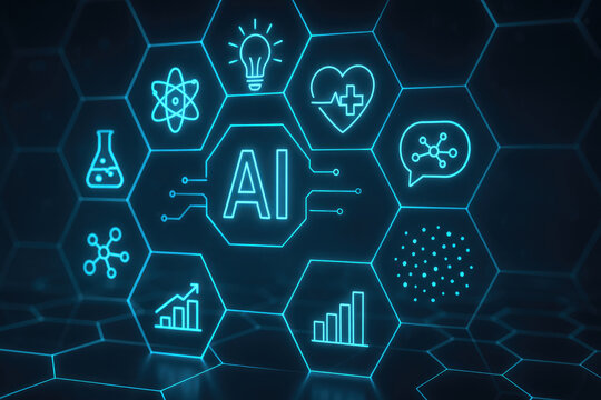 AI and science icons in a hexagonal network on a dark background artificial intelligence atom