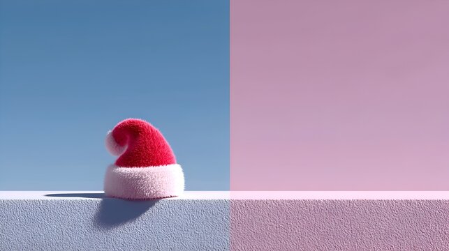 Festive miniature Santa hat sits on a textured ledge against a split blue and pink backdrop symbolizing holidays and celebration moments.