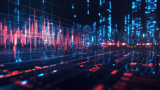 Digital cityscape visualizing financial data and market analytics