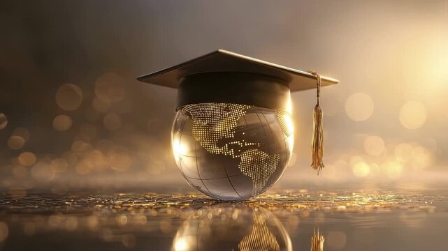 A globe featuring a glowing dotted world map is adorned with a black graduation cap and a golden tassel set against a shimmering out-of-focus golden background