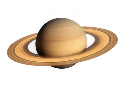 Saturn, the sixth planet from the sun, presenting its iconic ring system and striped atmosphere on a transparent background