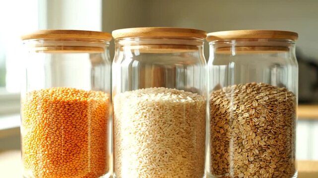 Assortment of healthy dry food staples in glass jars with natural wooden lids