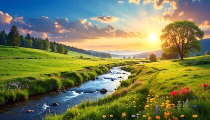 A vibrant sunrise casts golden rays over a lush green meadow, a flowing stream, and distant hills. A solitary tree stands tall