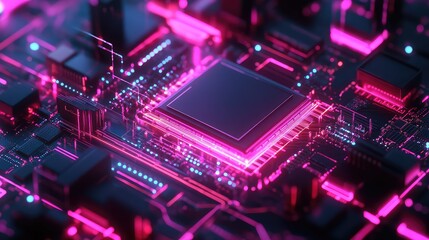 Obraz premium Futuristic circuit board with glowing neon pink and blue lights