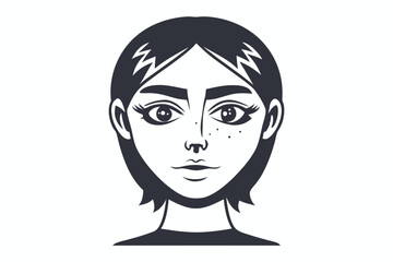 Monochrome portrait shows a woman with short hair and distinctive features in a simplistic art style
