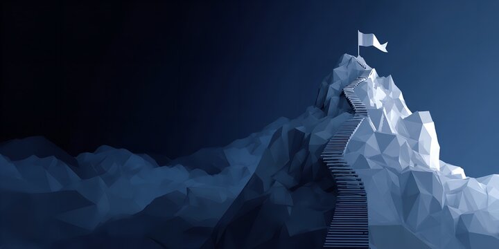 Polygonal mountain peak with a winding staircase leading to a white flag symbolizing ambition achievement and overcoming challenges