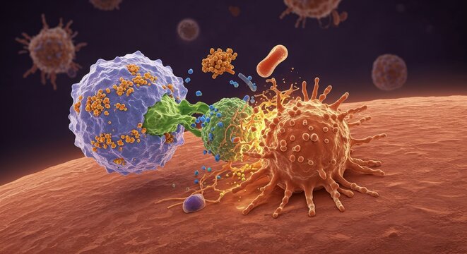 Immune cells engage in a dynamic battle with pathogens, showcasing the body's defense mechanisms at work
