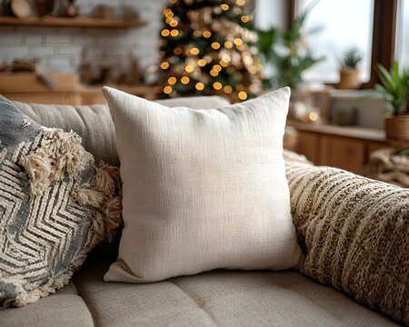 A cozy beige pillow rests on a comfortable sofa with a blurry Christmas tree providing soft warm lighting in background du the holidays.