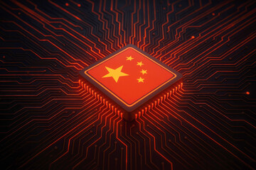 Chinese flag on a central processing unit atop a glowing red circuit board technology computer chip