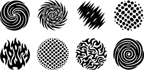 Abstract black circular swirl shapes vector design with dotted and flame patterns for creative graphic projects