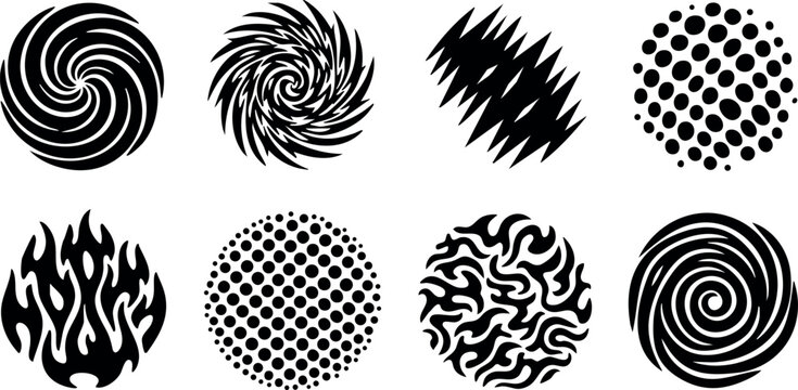 Abstract black circular swirl shapes vector design with dotted and flame patterns for creative graphic projects