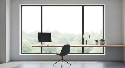 Modern minimalist workspace with large window, computer, desk, chair, and nature view for productivity and serene working environment.