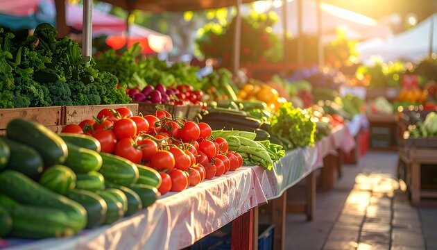 A vibrant outdoor market scene bathed in golden sunlight. Tables overflow with fresh produce, creating a colorful and inviting display - Powered by Adobe