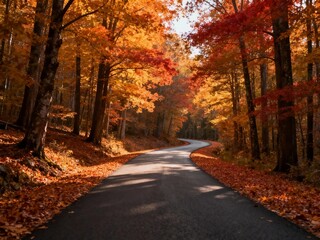 Obraz premium A winding road through a forest in autumn with vibrant orange and red foliage covering the trees and ground