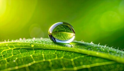 Stunning water drop on vibrant green leaf reflecting nature's beauty so clearly