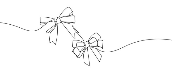 Two ribbon bows together, one continuous line Dynamic single line draw design vector illustration Editable stroke.