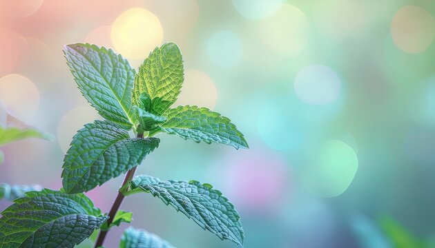 Close up of fresh green mint leaves with soft pastel bokeh background in morning light