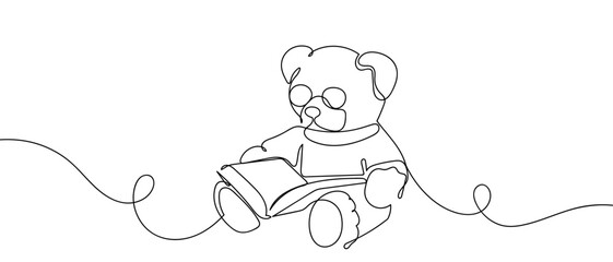 Teddy bear reading a book, one continuous line Dynamic single line draw design vector illustration Editable stroke.
