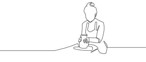 A woman is making pottery, one continuous line. Dynamic single line draw design vector illustration Editable stroke.