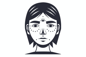 portrait shows a young woman with spots and styled dark hair