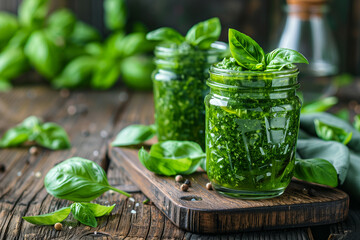 Fresh Basil Pesto Sauce in Glass Jars