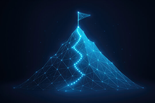 Digital wireframe mountain with glowing blue path leading to a flag on summit representing success and achievement