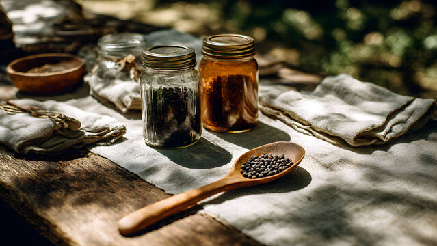 Artistic overhead shot of wooden spoon containing mixed spices predominantly black peppercorns arranged on rustic wood panel