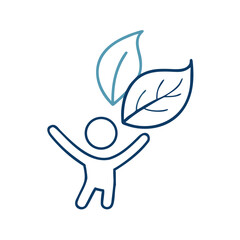 Obraz premium Minimal line icon of child holding eco leaf, symbolizing sustainable childhood habits