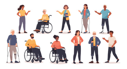 A diverse group of people with various disabilities, including individuals using wheelchairs, crutches, and prosthetic limbs, representing inclusivity and community