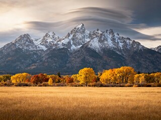 Autumn landscape with golden fields, colorful trees, and snow-capped mountains under a dramatic sky