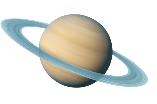 Saturn planet rotating in space with its iconic rings, a detailed illustration of the gas giant on transparent background